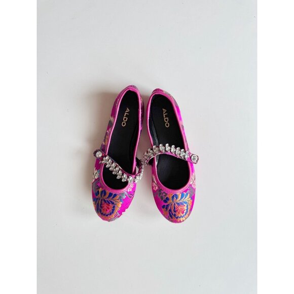 Girls' NWT ALDO Despirito Pink Brocade Crystal Mary Jane Ballet Flats, Size 6 - Picture 2 of 15